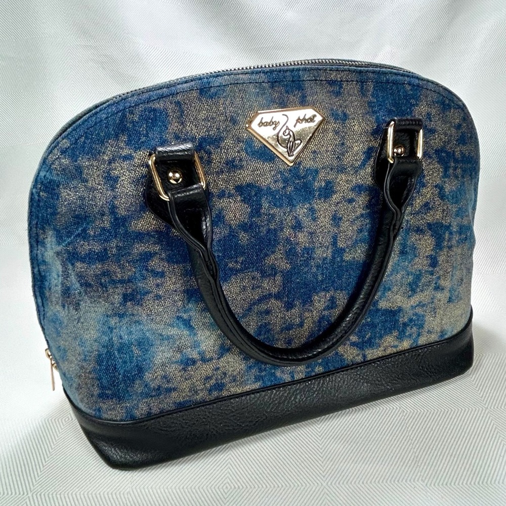 Baby Phat Blue/Gold Denim Dome Satchel Y2K  Navy Faux‎ Leather Trim Gold Logo